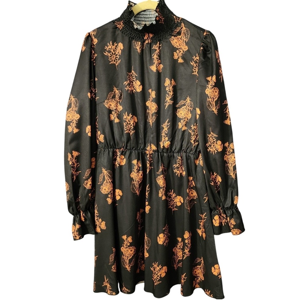 NWT Floerns Womens Cottagecore Dress Black Orange Floral Smocked Mock Neck L